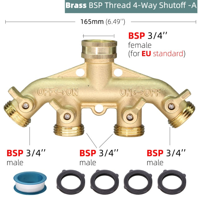 3/4 Inch Solid Brass Garden Hose Adapter 4 Way Tap Connectors Distributor Switch Valve Water Splitters For Watering Irrigation - KiwisLove