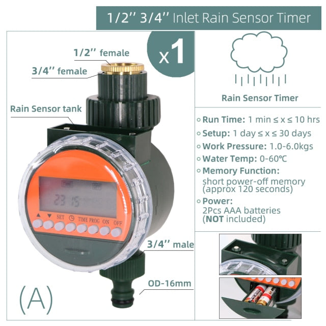 Water Timer Rain Sensor Solar LCD Double Dial Ball Valve Controller - KiwisLove