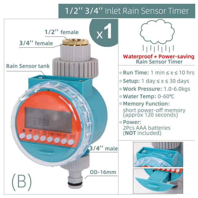 Water Timer Rain Sensor Solar LCD Double Dial Ball Valve Controller - KiwisLove