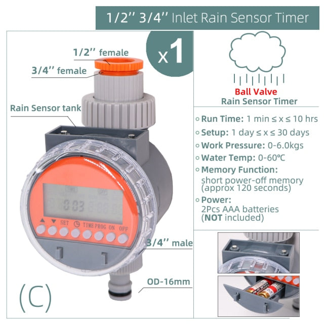 Water Timer Rain Sensor Solar LCD Double Dial Ball Valve Controller - KiwisLove