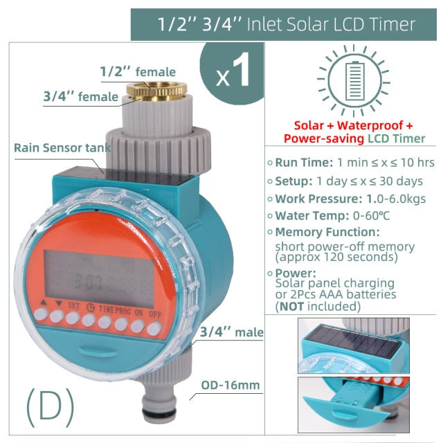 Water Timer Rain Sensor Solar LCD Double Dial Ball Valve Controller - KiwisLove