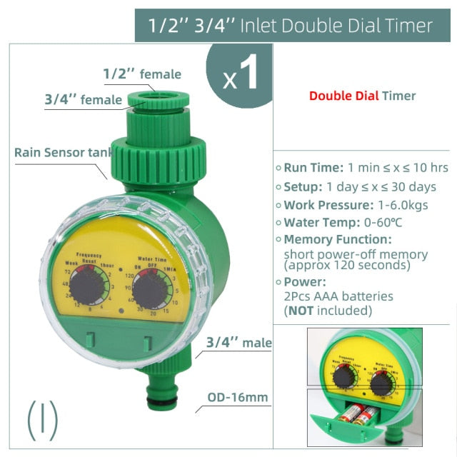 Water Timer Rain Sensor Solar LCD Double Dial Ball Valve Controller - KiwisLove