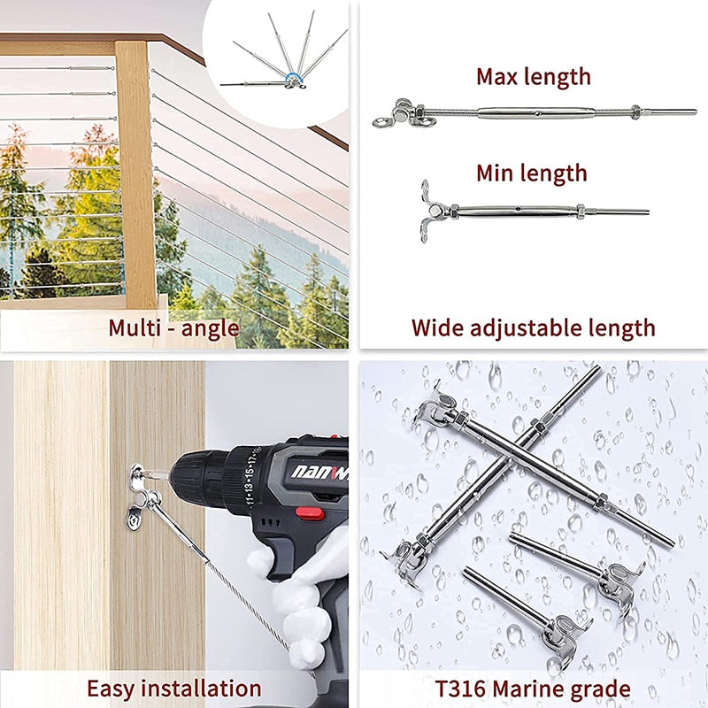 6 Sets Cable Railing Kit 1/8" Swage Toggle Turnbuckle 180 degree Adjustable - KiwisLove