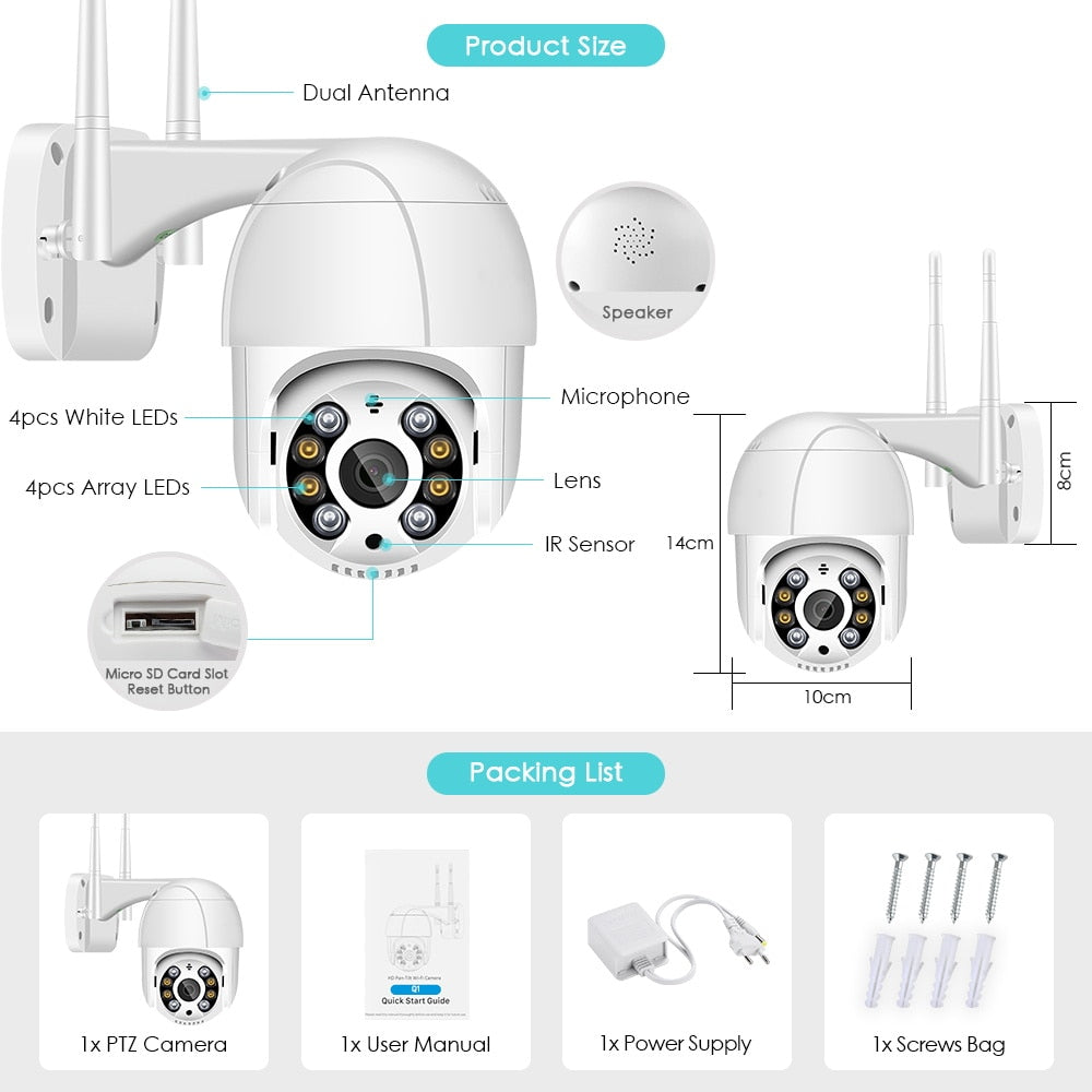 PTZ Wifi IP Camera Cloud 4X Digital Zoom Outdoor AI Human Detect - KiwisLove