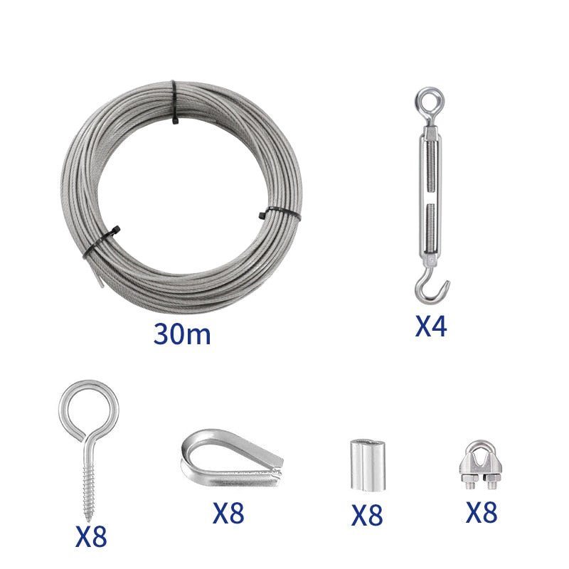 30M PVC Coated 2mm Wire Rope Cable Hooks Hanging Kit - KiwisLove