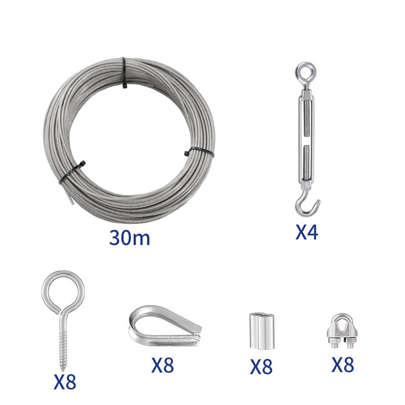 30M PVC Coated 2mm Wire Rope Cable Hooks Hanging Kit
