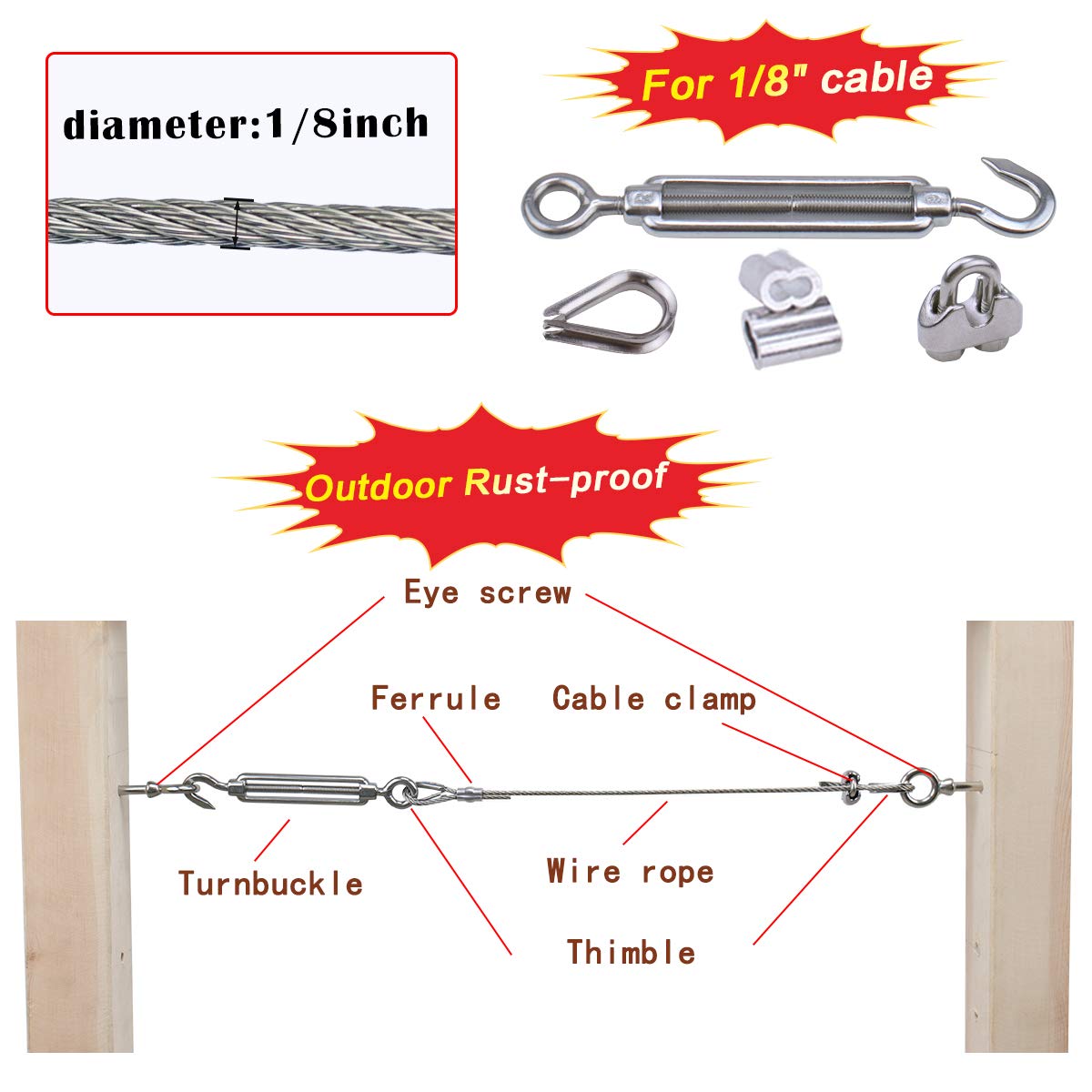 6Sets Cable Railing Kit  Eye Turnbuckle Tension Clip Clamp  Crimping Loop - KiwisLove
