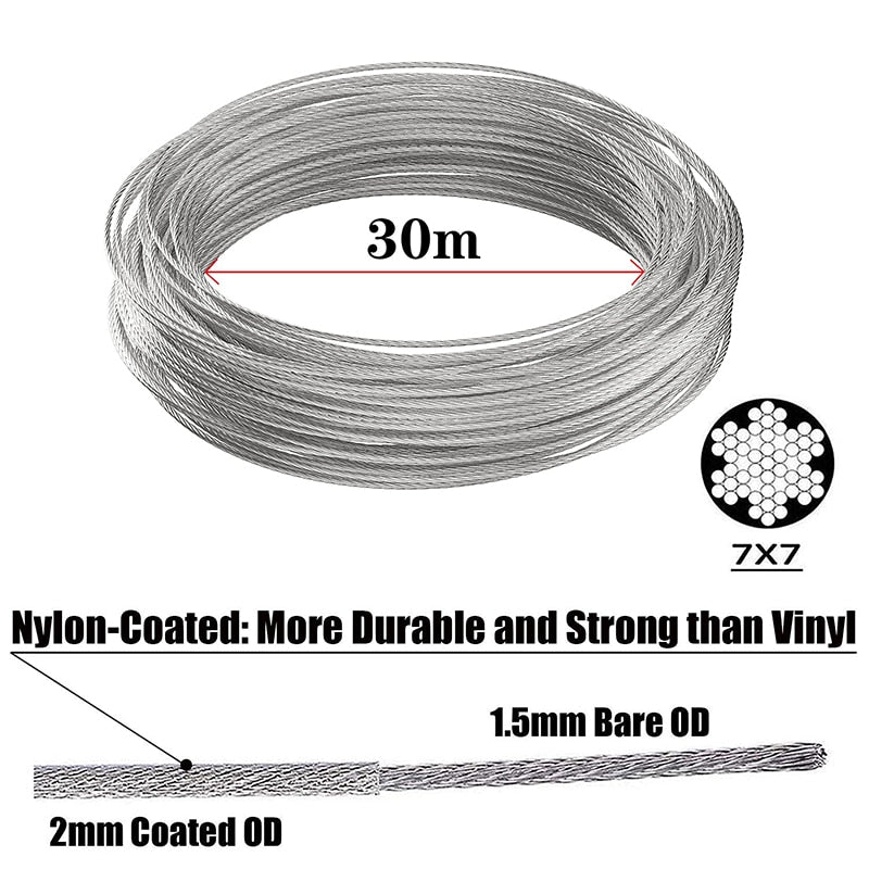 30M Coated Nylon 2mm Wire Rope Kit Thimble Crimping  Turnbucle - KiwisLove
