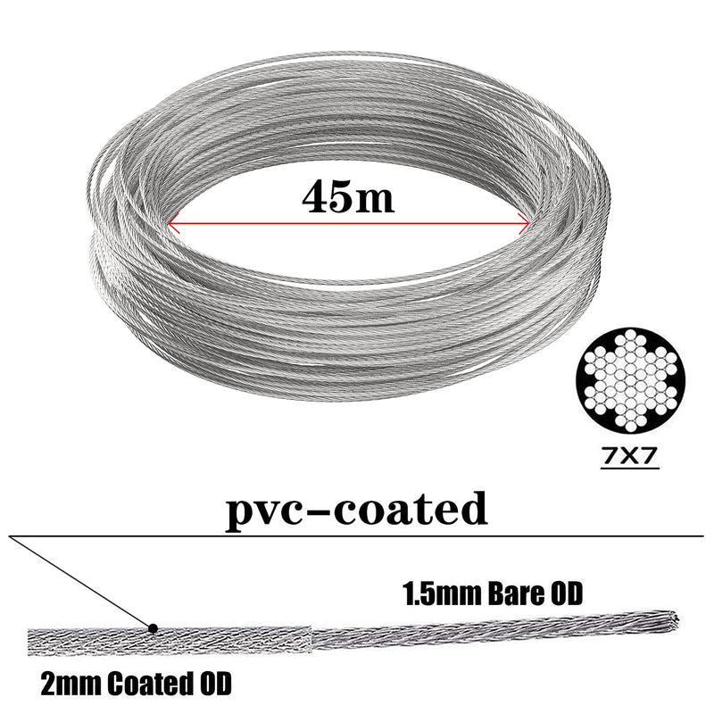 45m wire rope set 2mm PVC coated Cable eyelets turnbuckle tensioner - KiwisLove