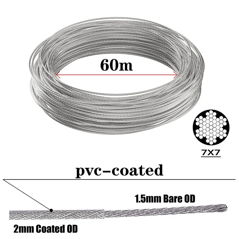 60m wire rope set 2mm PVC coated Cable eyelets turnbuckle tensioner - KiwisLove
