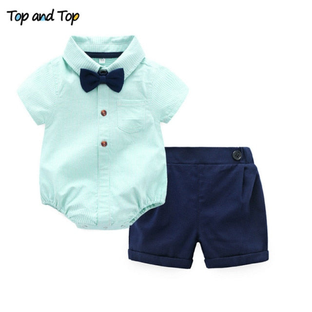 Cotton Short Sleeve Rompers Shirts + Shorts + Bow Tie 3pcs/set - KiwisLove