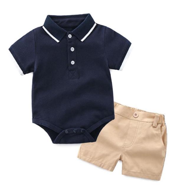 Cotton Short Sleeve Rompers Shirts + Shorts + Bow Tie 3pcs/set - KiwisLove