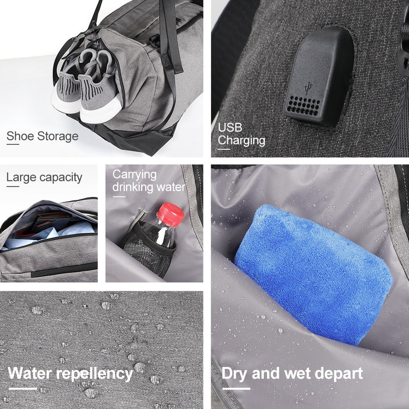 COPOZZ Gym Bag USB Charging Shoe Compartment 35-55L Capacity Gray - KiwisLove