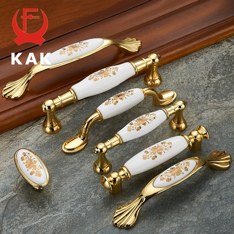 KAK Gold Flower Ceramic Cabinet Handles Zinc Alloy Drawer knobs - KiwisLove