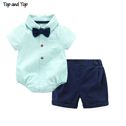 Cotton Short Sleeve Rompers Shirts + Shorts + Bow Tie 3pcs/set - KiwisLove